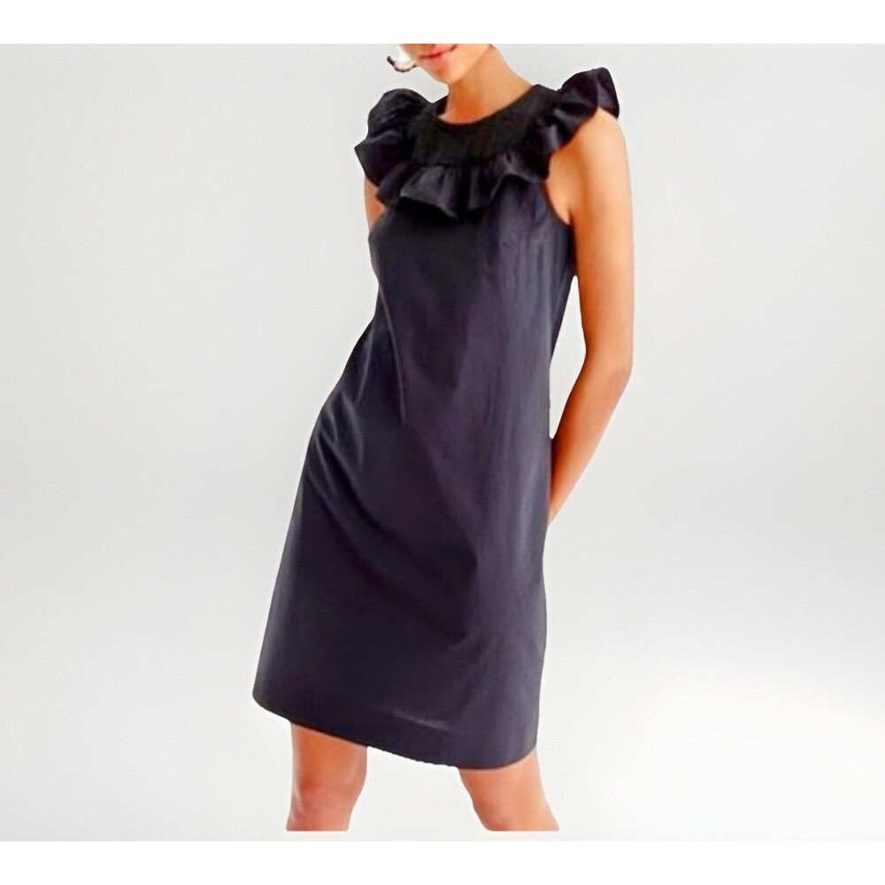 J Crew Sz 12P Black Ruffle Cotton Summer Dress Classic Capsule Staple Party Work